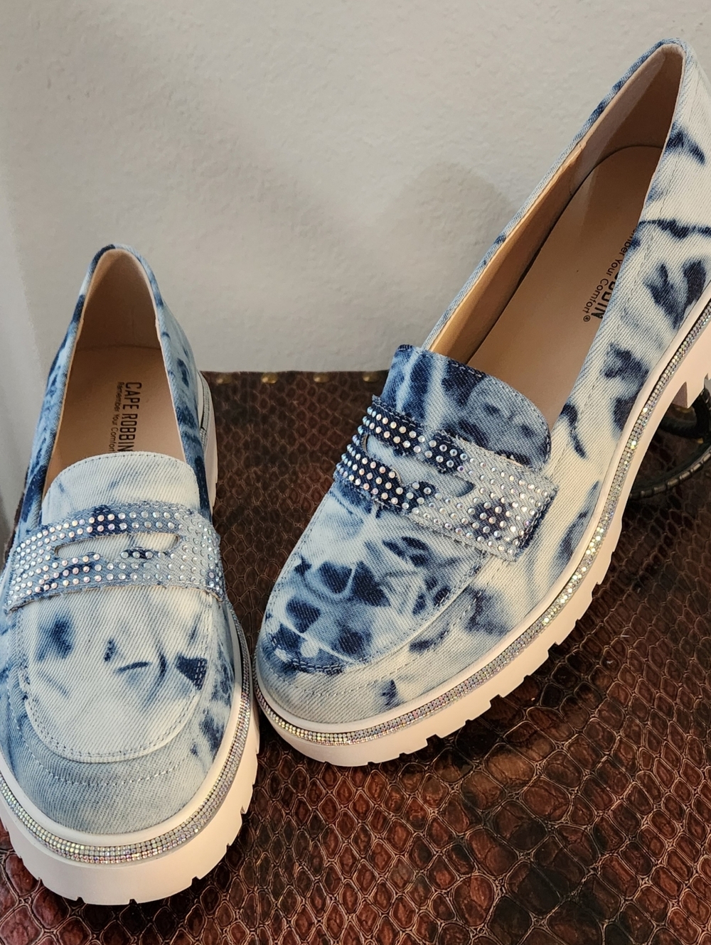 Blue Tie-Dye Platform Loafers with Crystal Strap